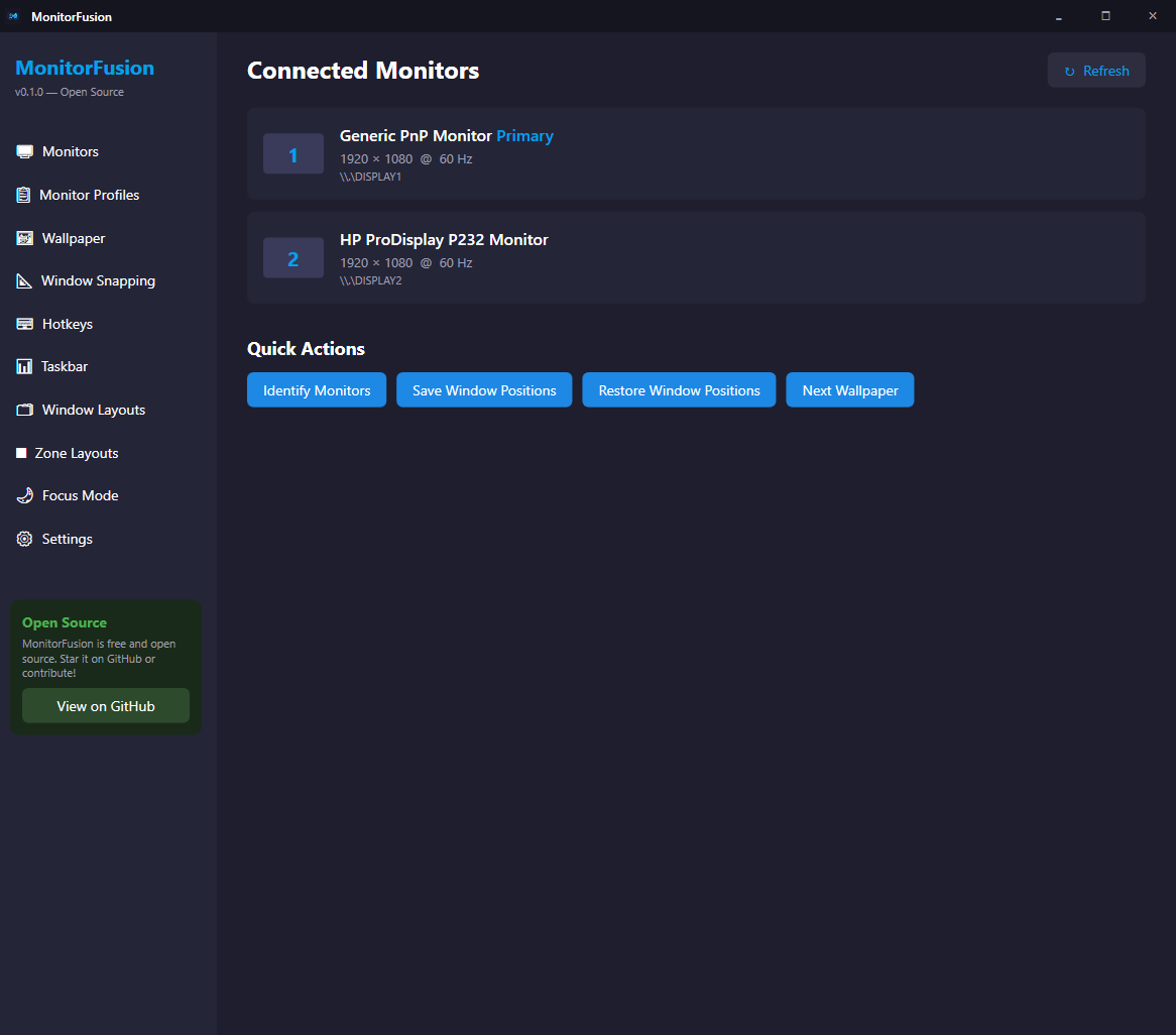 Connected Monitors — live monitor cards with Quick Actions