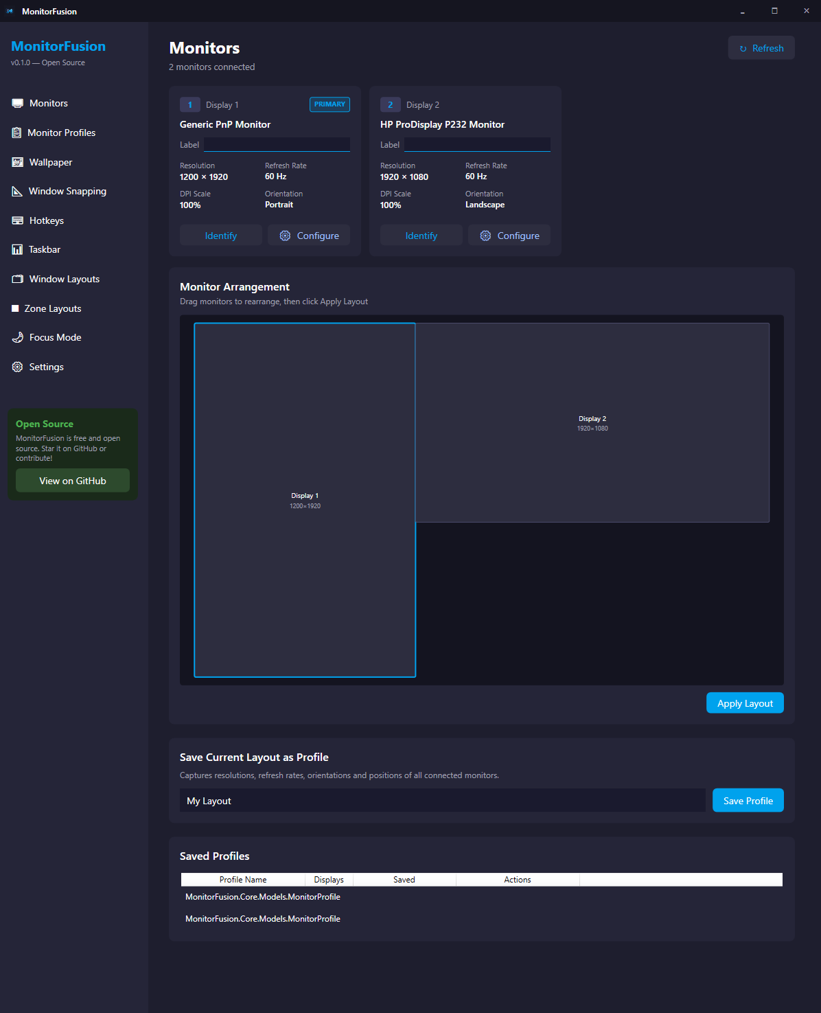 Monitor Profiles — drag-and-drop arrangement, save and restore layouts