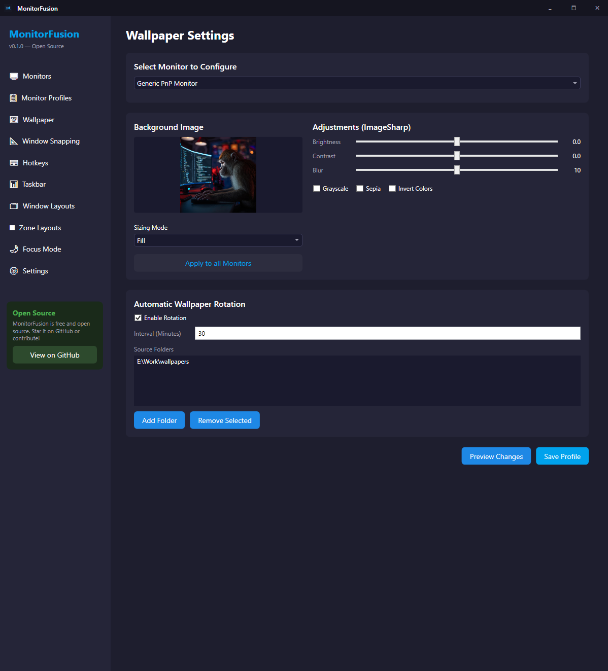 Wallpaper Settings — per-monitor wallpapers with image adjustments and auto-rotation