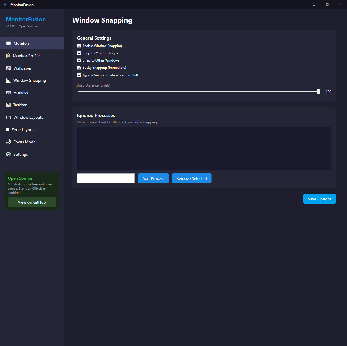 Window Snapping — magnetic snap to monitor edges and other windows
