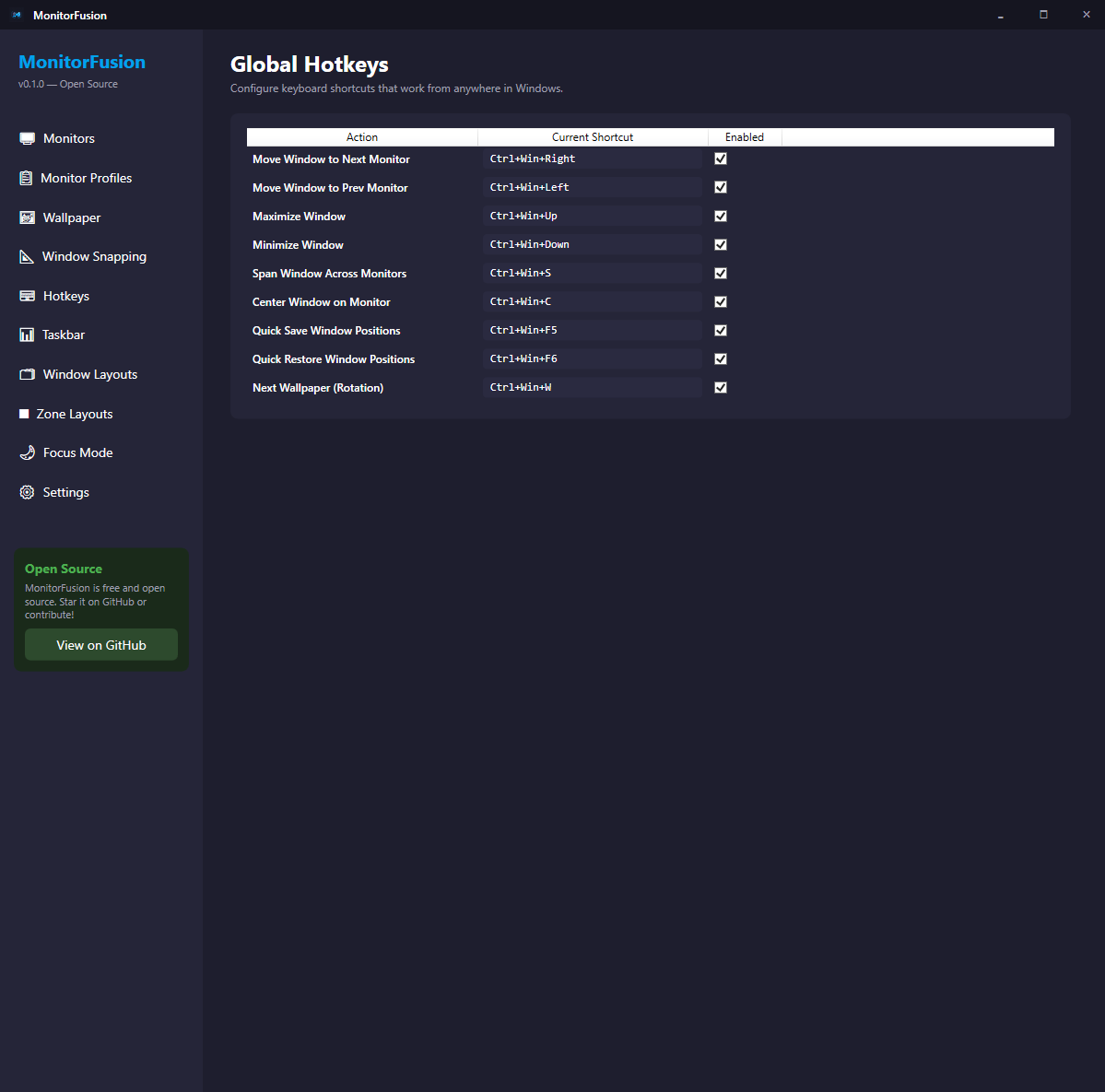 Global Hotkeys — configure keyboard shortcuts for window movement and more