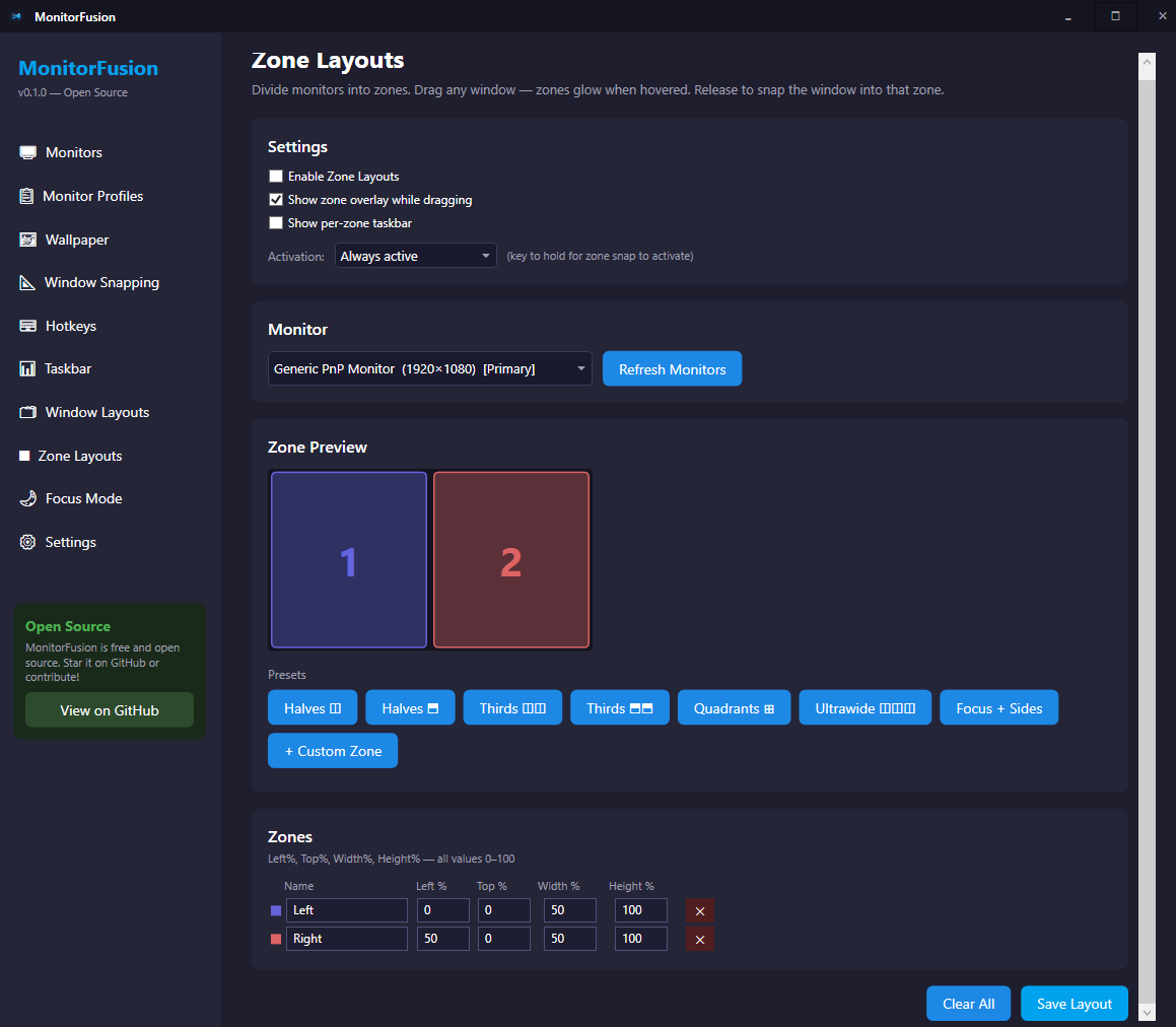 Zone Layouts — divide any monitor into custom snap zones with live preview