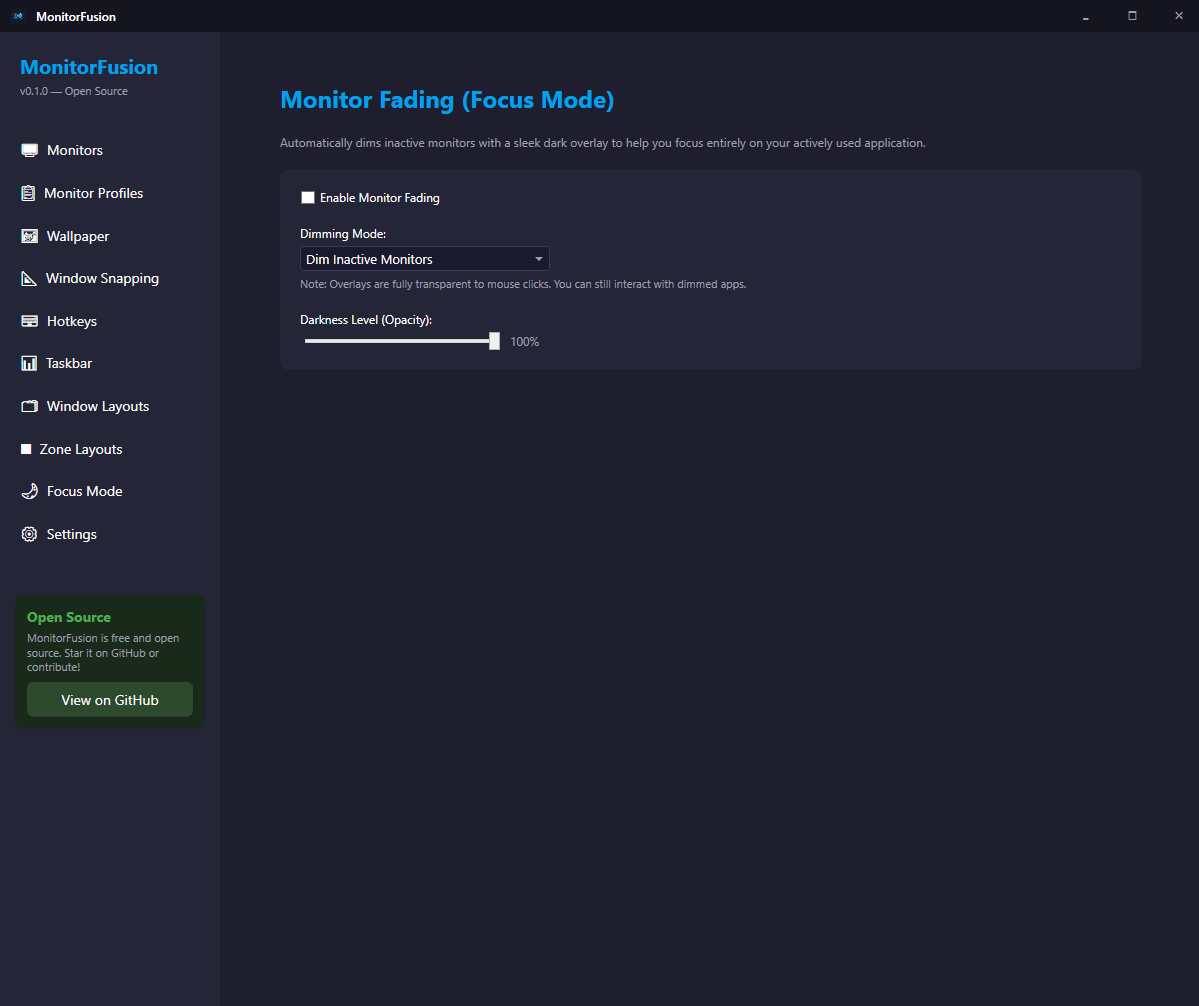 Focus Mode — dim inactive monitors to reduce distraction