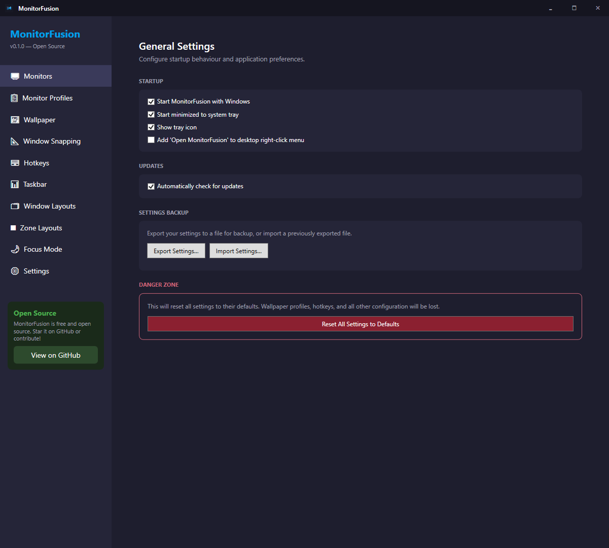 General Settings — startup, tray, updates, and settings backup